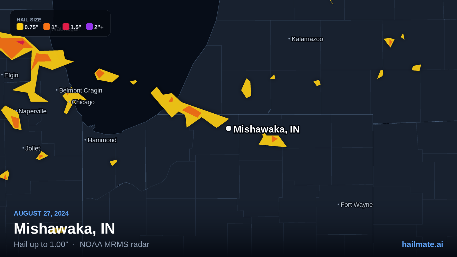 Hail swath map for Mishawaka, IN on August 27, 2024 showing 1.00 inch hail.
