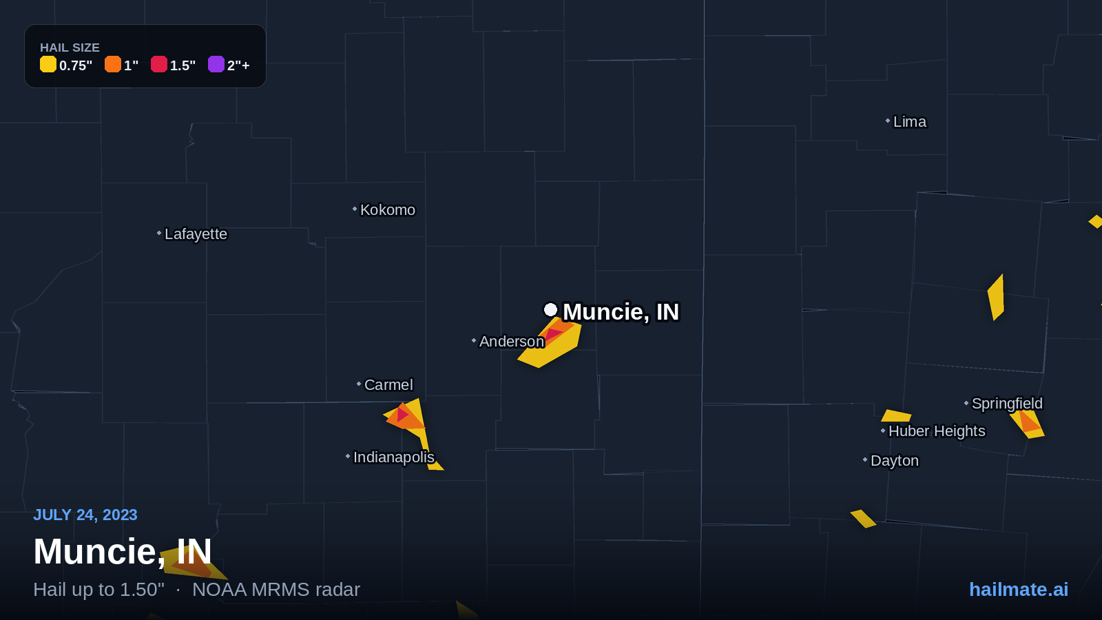Hail swath map for Muncie, IN on July 24, 2023 showing 1.50 inch hail.