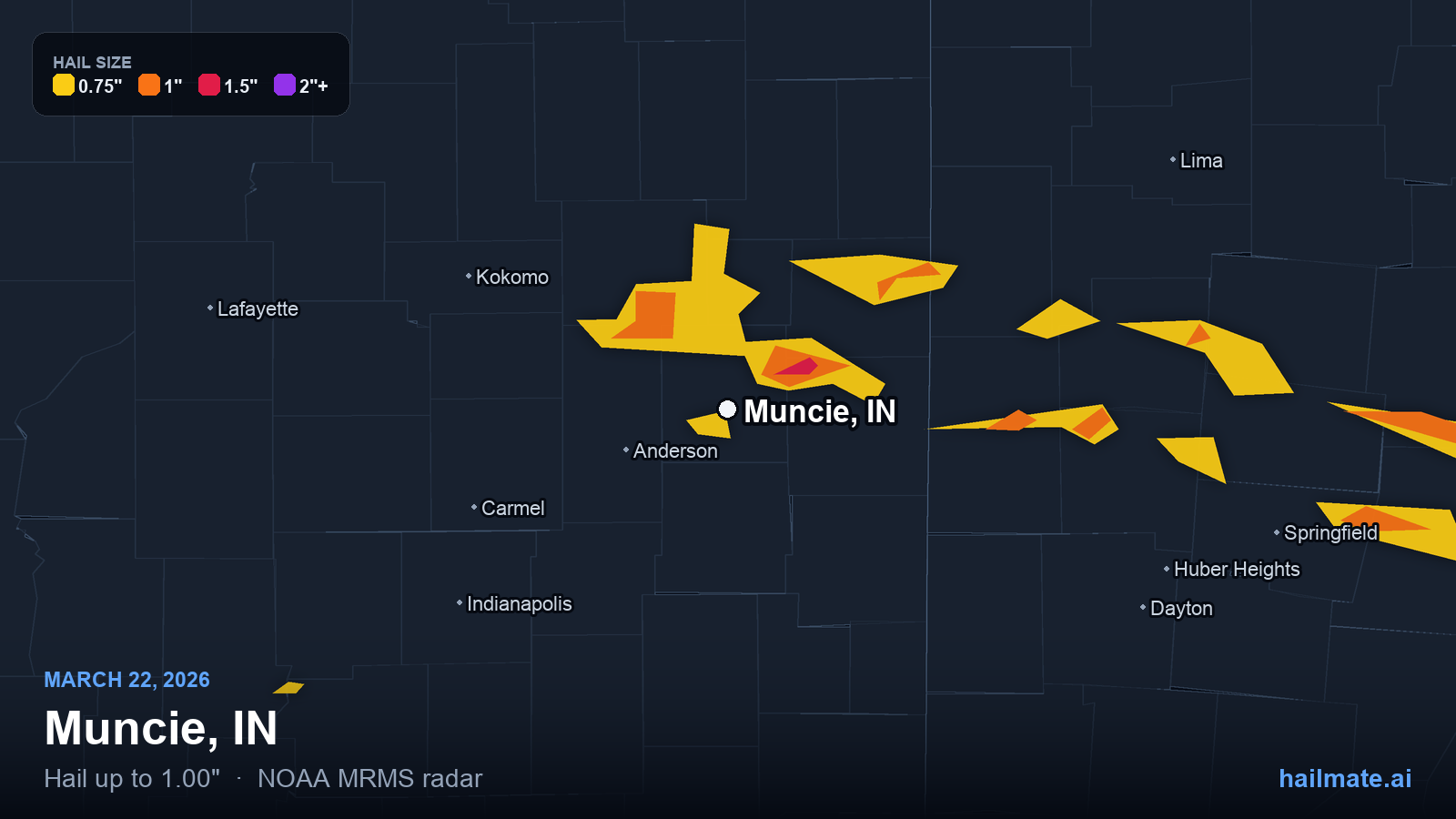 Hail swath map for Muncie, IN on March 22, 2026 showing 1.00 inch hail.