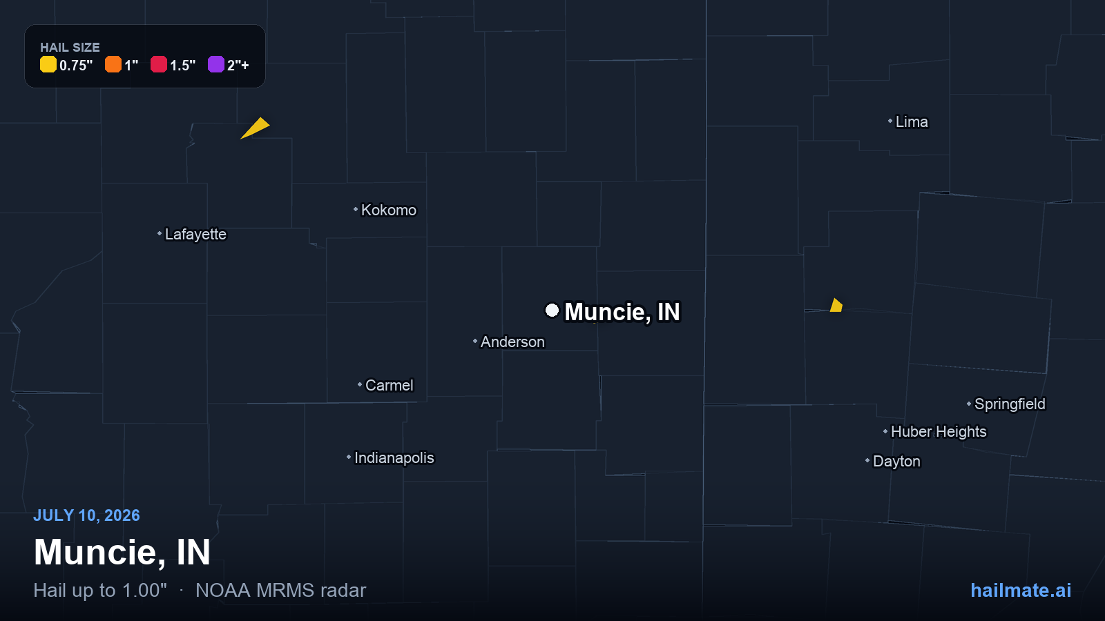 Hail swath map for Muncie, IN on July 10, 2026 showing 1.00 inch hail.