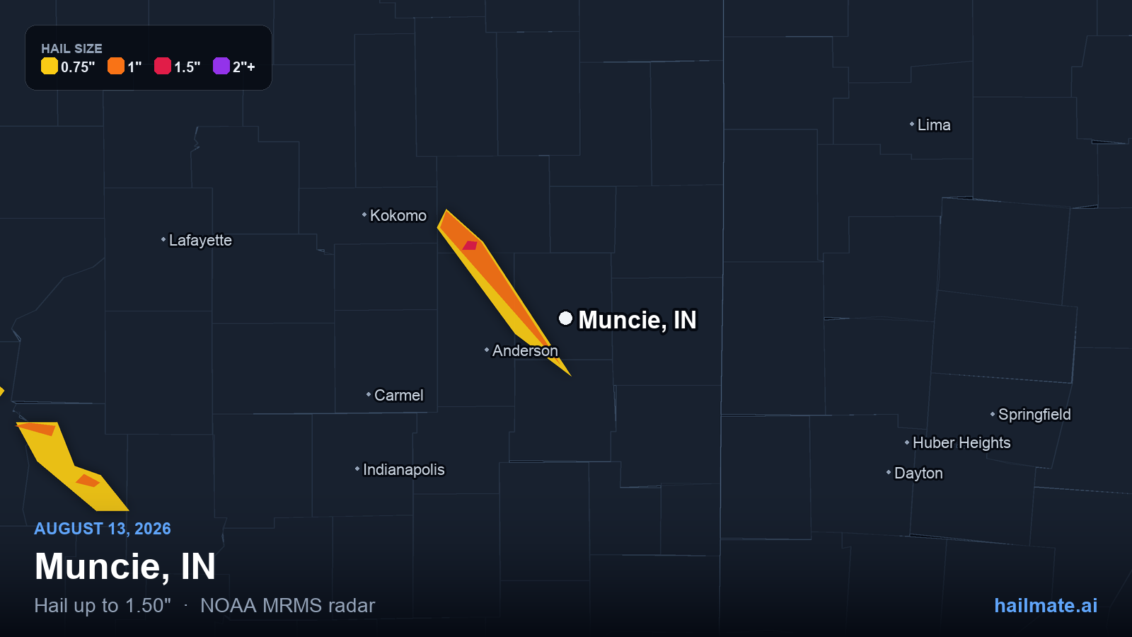 Hail swath map for Muncie, IN on August 13, 2026 showing 1.50 inch hail.