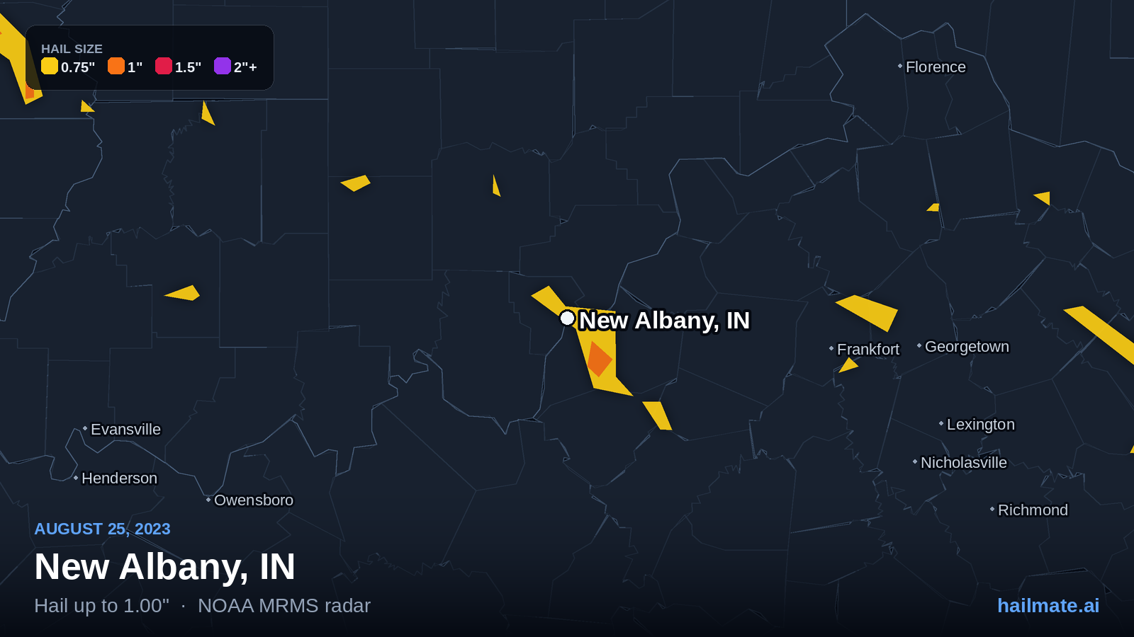 Hail swath map for New Albany, IN on August 25, 2023 showing 1.00 inch hail.