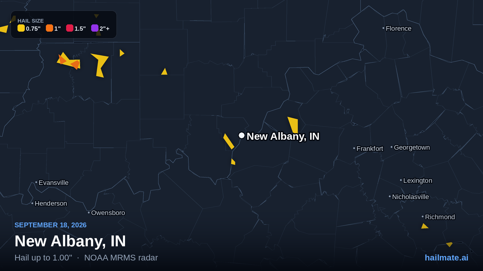 Hail swath map for New Albany, IN on September 18, 2026 showing 1.00 inch hail.