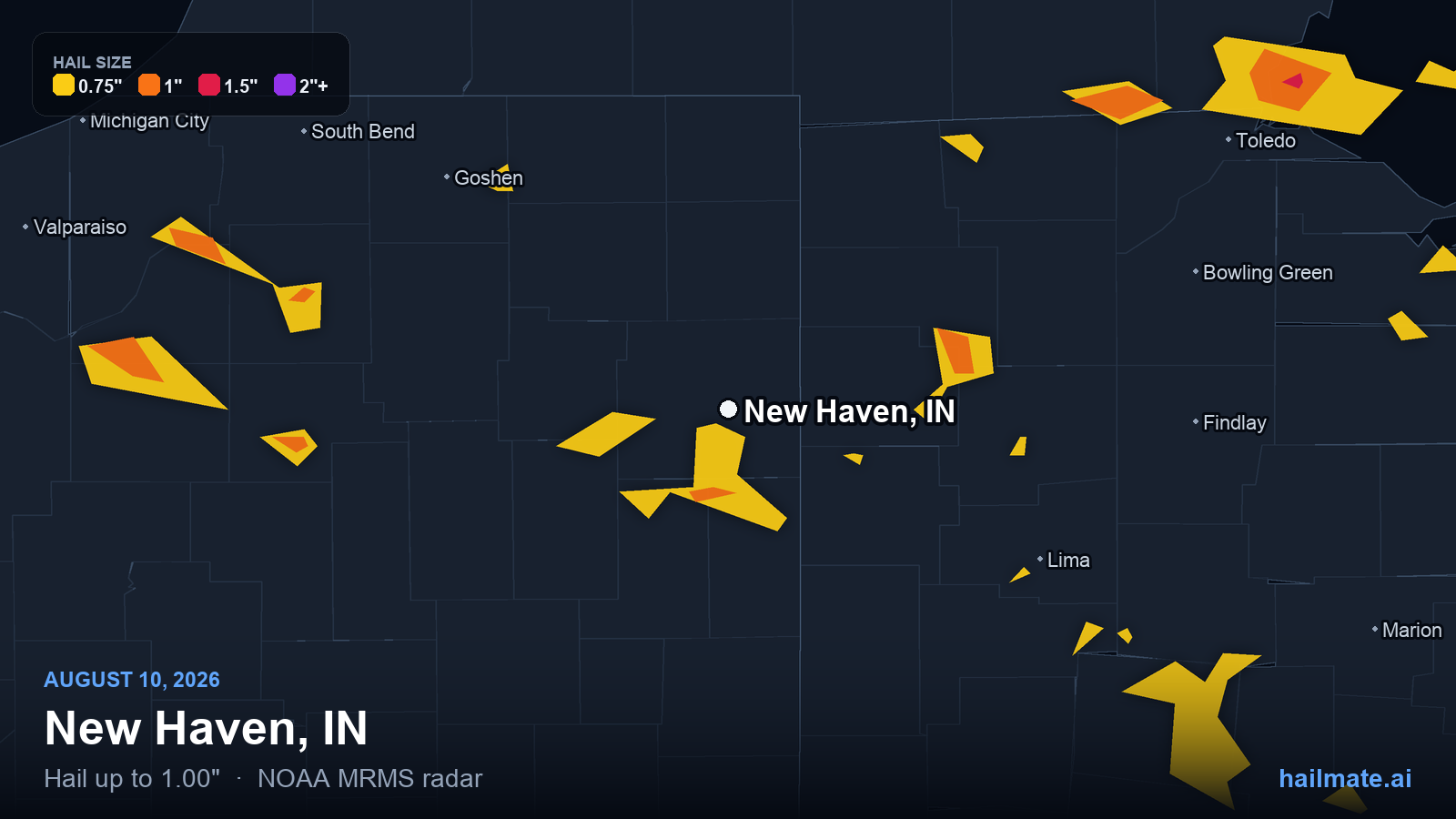 Hail swath map for New Haven, IN on August 10, 2026 showing 1.00 inch hail.