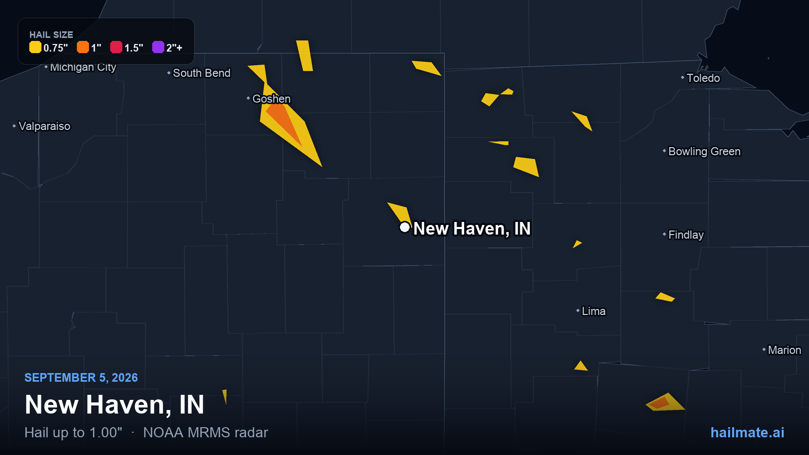 Hail swath map for New Haven, IN on September 5, 2026 showing 1.00 inch hail.