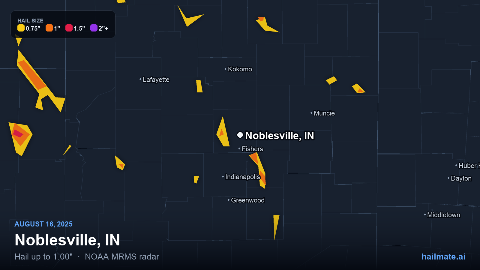 Hail swath map for Noblesville, IN on August 16, 2025 showing 1.00 inch hail.