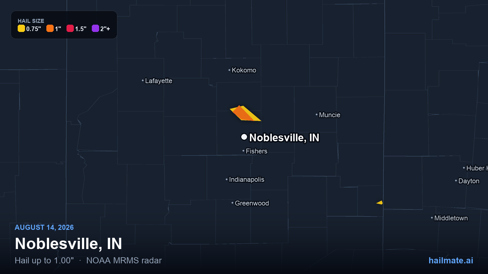 Hail swath map for Noblesville, IN on August 14, 2026 showing 1.00 inch hail.