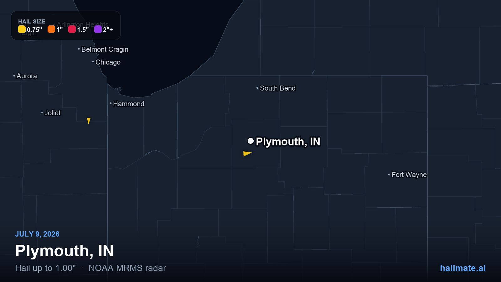 Hail swath map for Plymouth, IN on July 9, 2026 showing 1.00 inch hail.