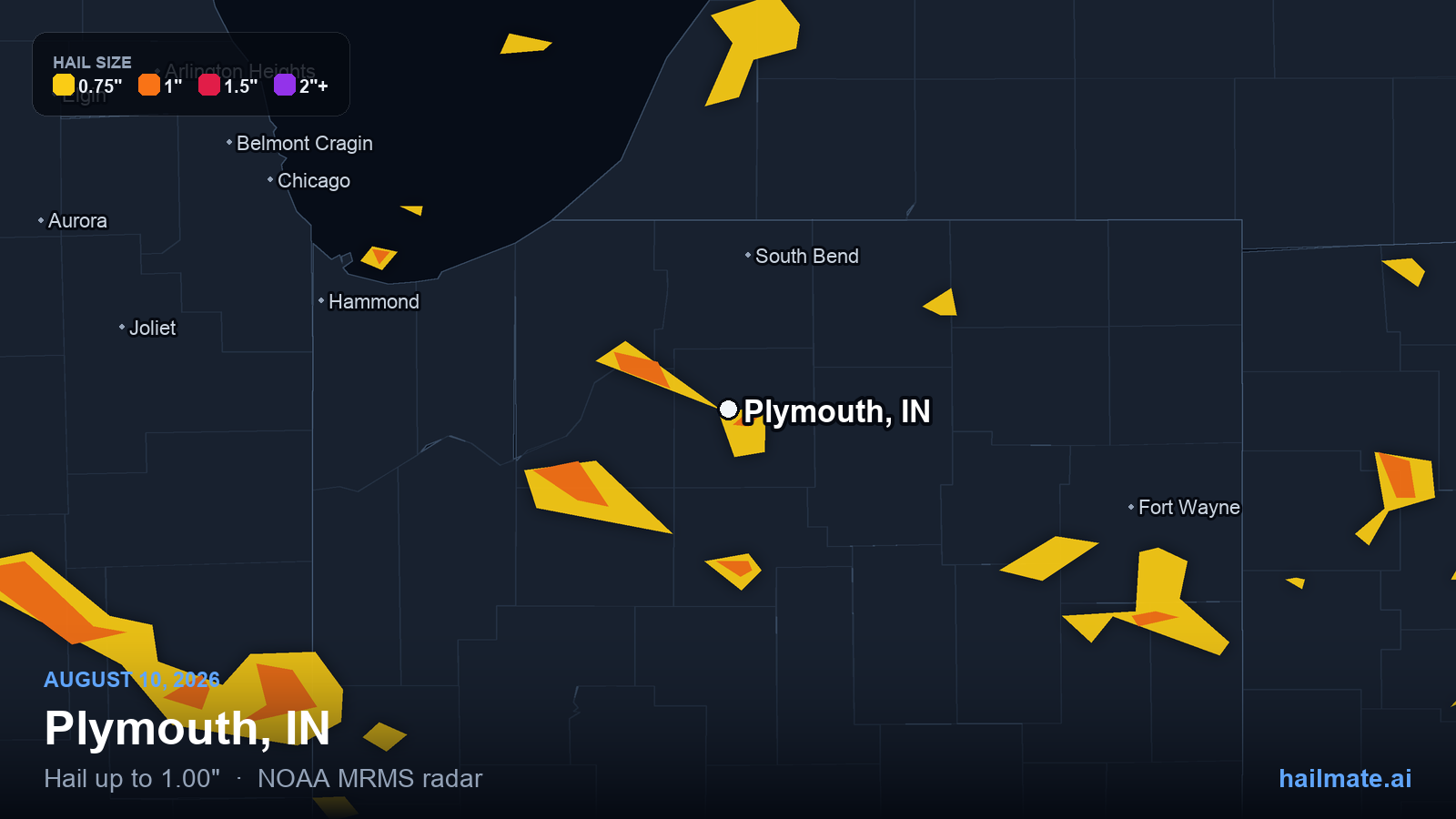 Hail swath map for Plymouth, IN on August 10, 2026 showing 1.00 inch hail.