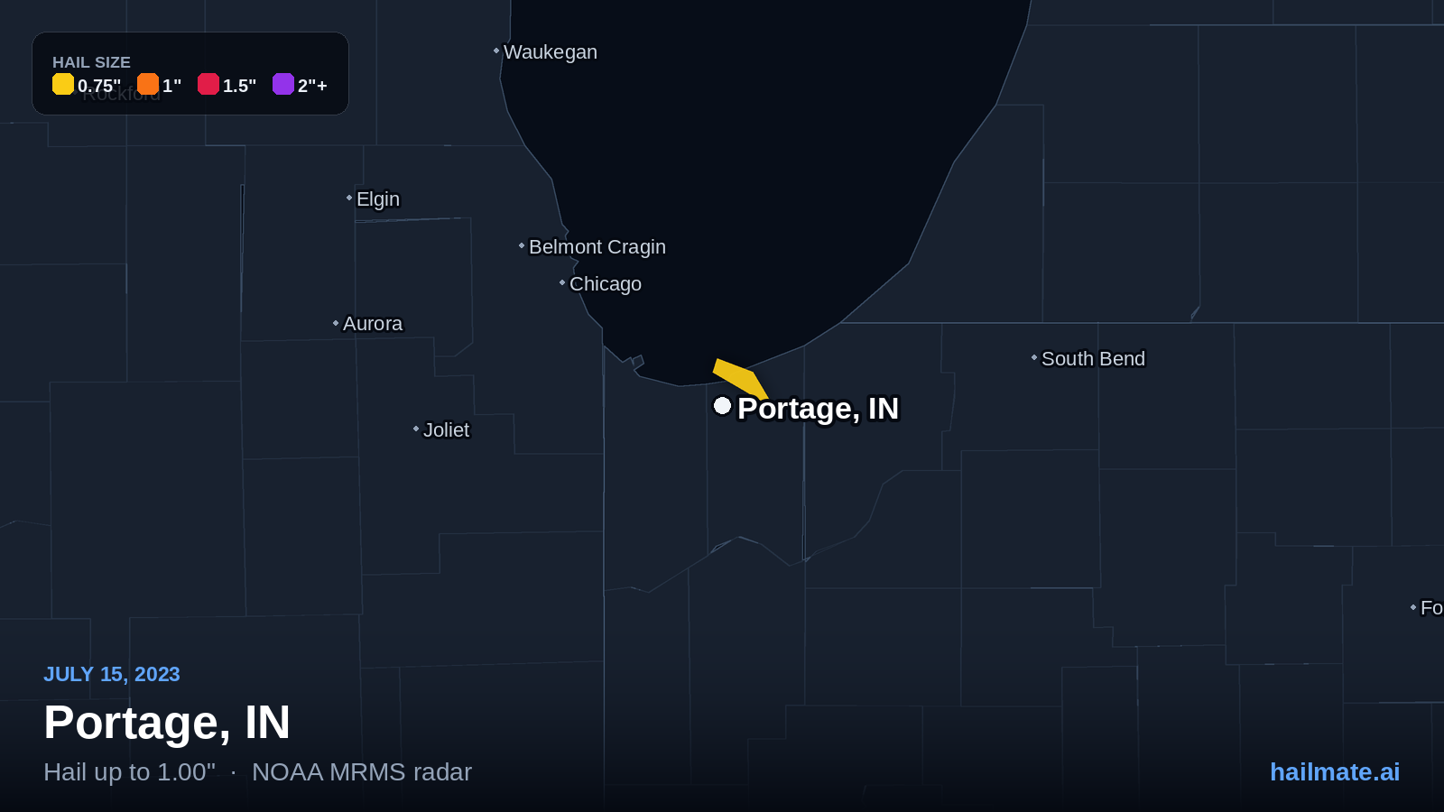 Hail swath map for Portage, IN on July 15, 2023 showing 1.00 inch hail.