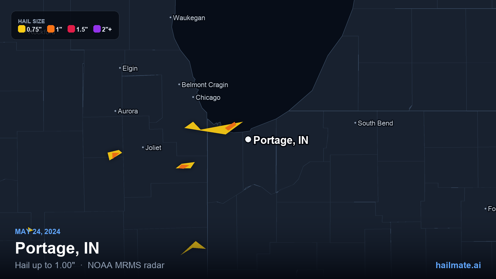 Hail swath map for Portage, IN on May 24, 2024 showing 1.00 inch hail.