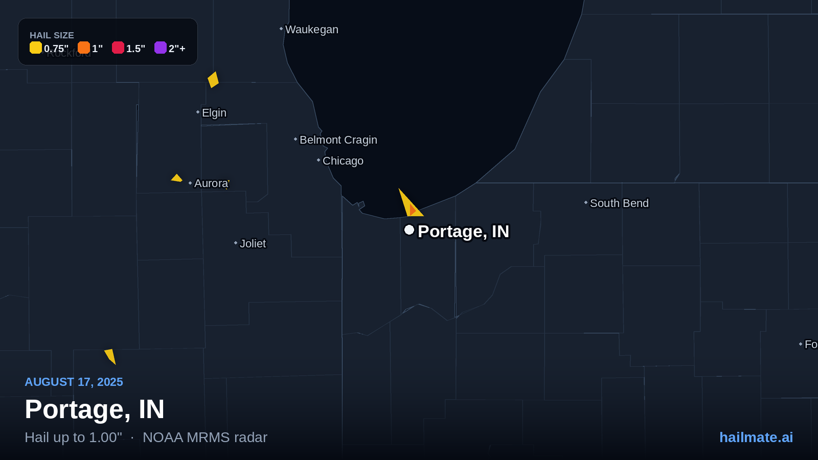 Hail swath map for Portage, IN on August 17, 2025 showing 1.00 inch hail.