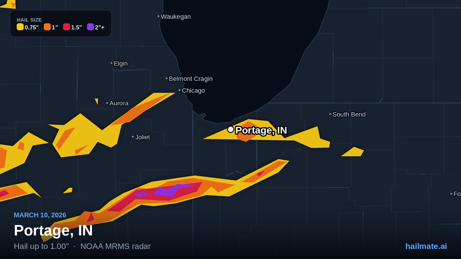 Hail swath map for Portage, IN on March 10, 2026 showing 1.00 inch hail.