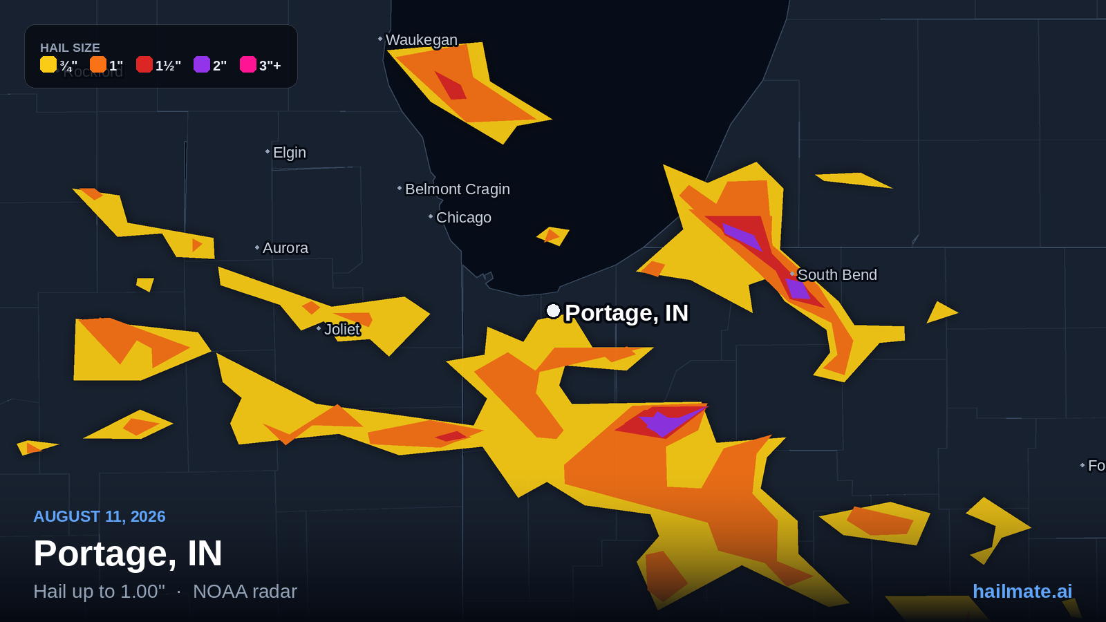 Hail swath map for Portage, IN on August 11, 2026 showing 1.00 inch hail.