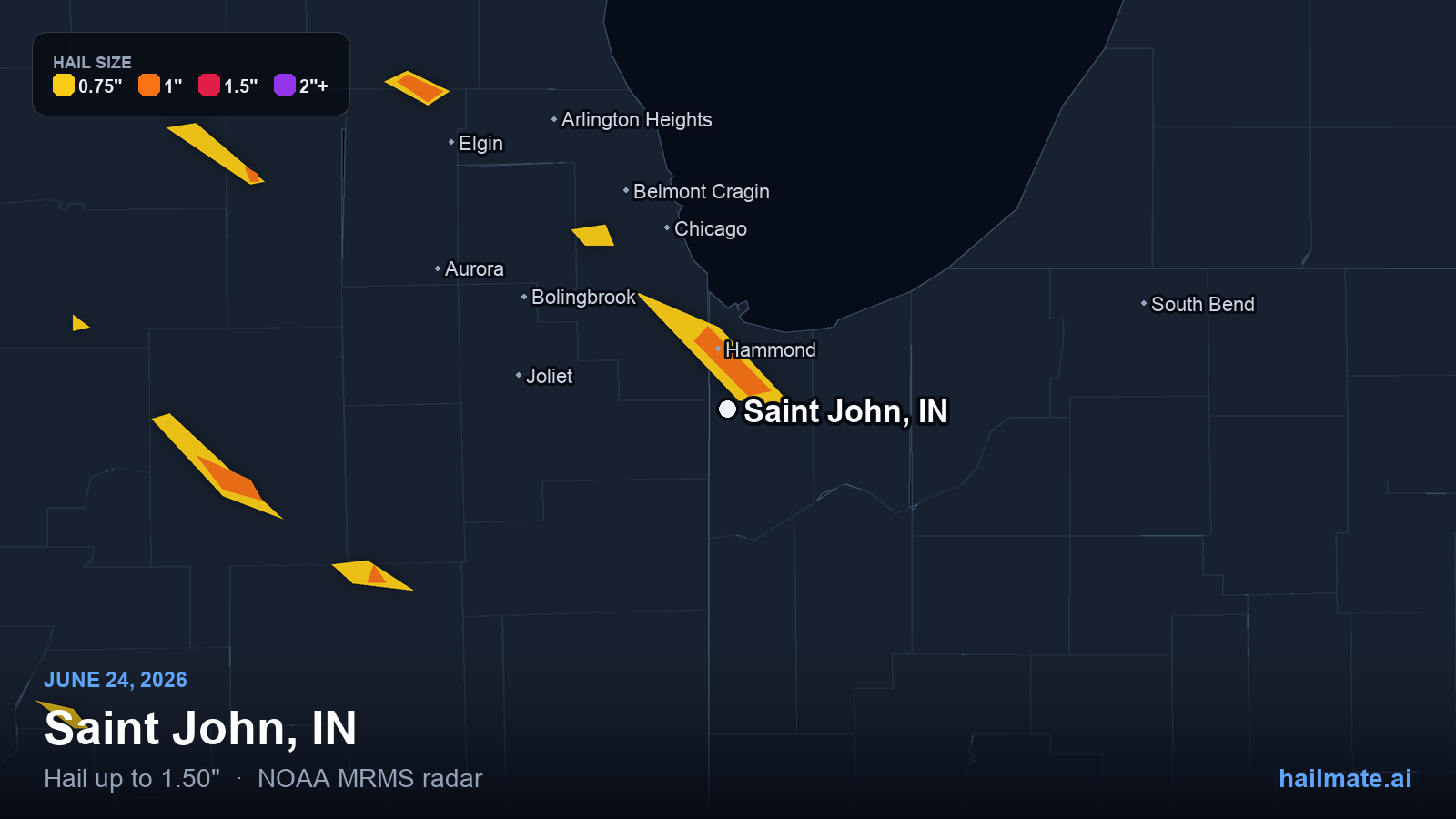 Hail swath map for Saint John, IN on June 24, 2026 showing 1.50 inch hail.