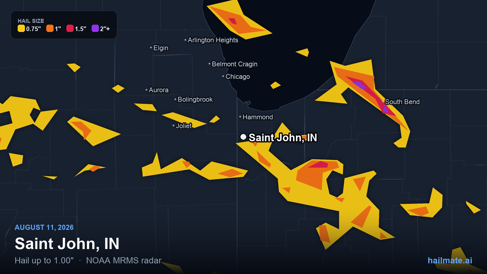 Hail swath map for Saint John, IN on August 11, 2026 showing 1.00 inch hail.