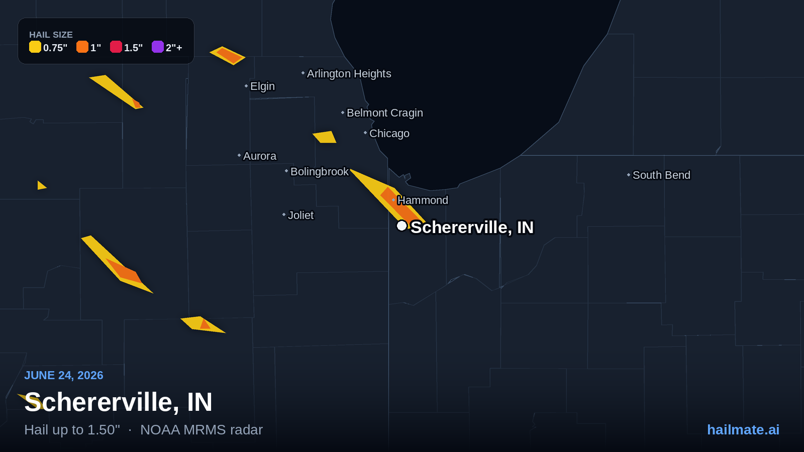 Hail swath map for Schererville, IN on June 24, 2026 showing 1.50 inch hail.