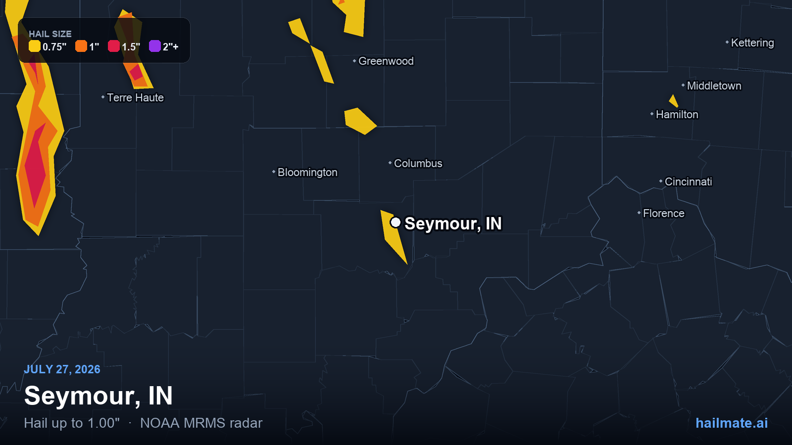 Hail swath map for Seymour, IN on July 27, 2026 showing 1.00 inch hail.