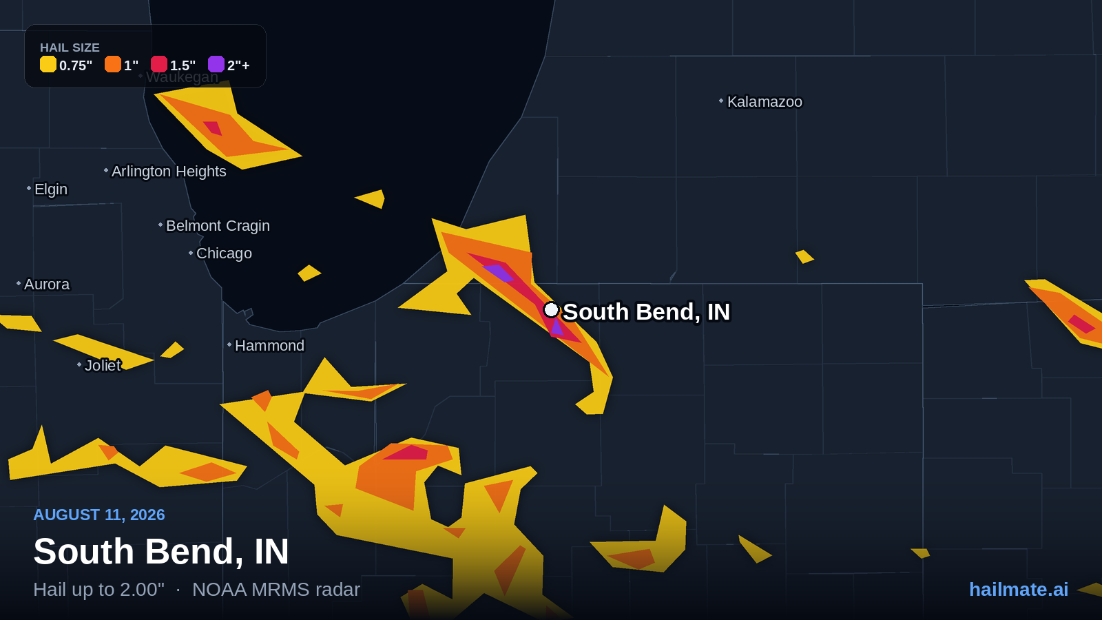 Hail swath map for South Bend, IN on August 11, 2026 showing 2.00 inch hail.