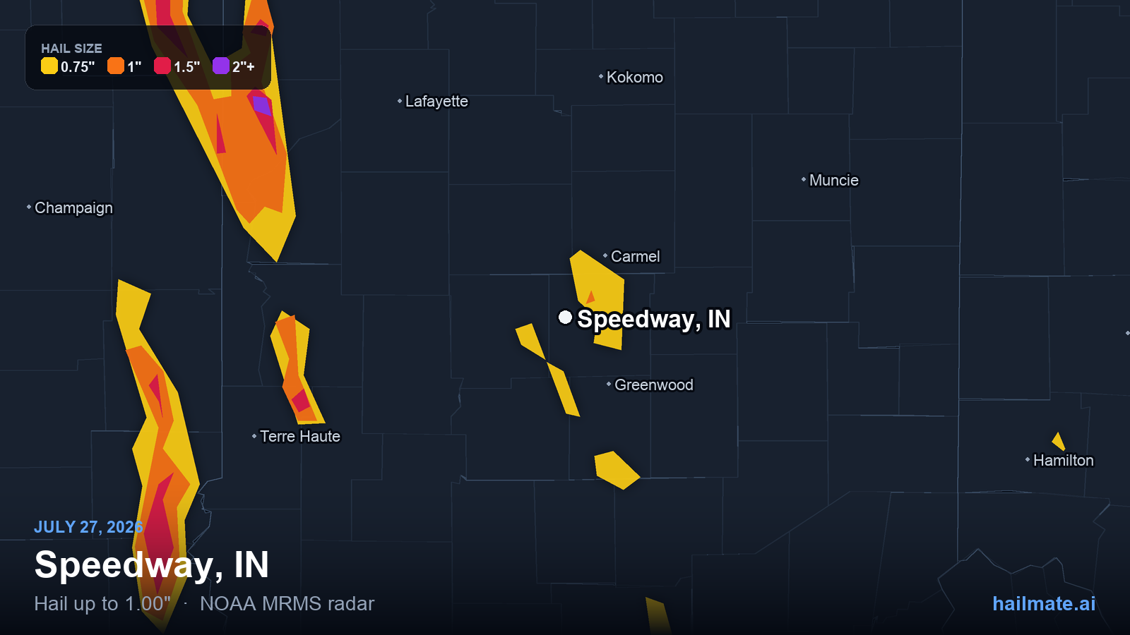Hail swath map for Speedway, IN on July 27, 2026 showing 1.00 inch hail.