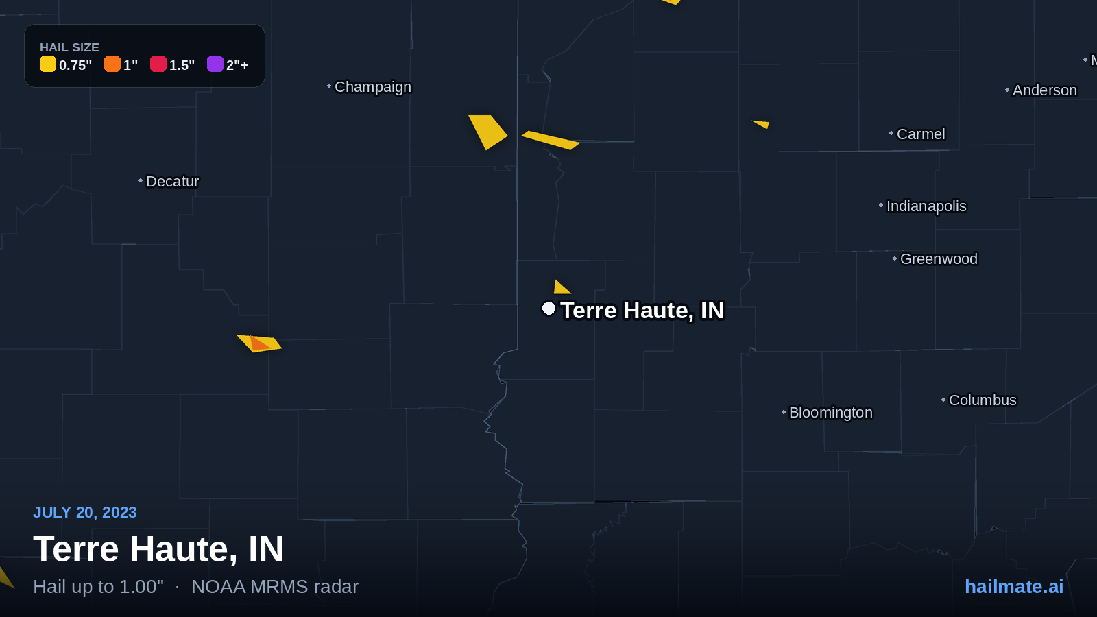 Hail swath map for Terre Haute, IN on July 20, 2023 showing 1.00 inch hail.