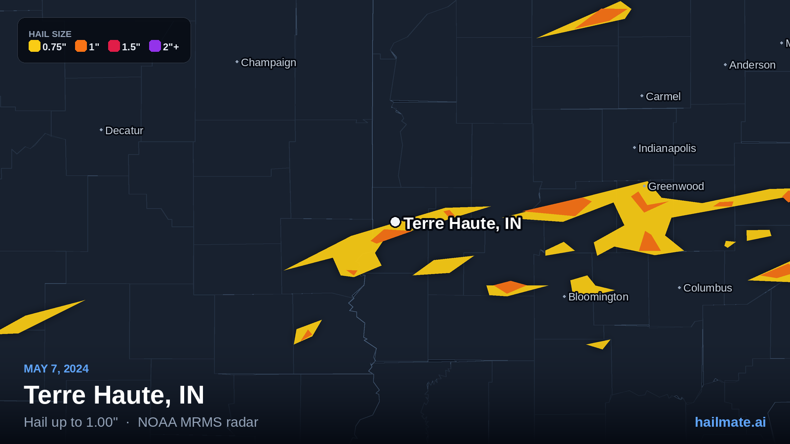 Hail swath map for Terre Haute, IN on May 7, 2024 showing 1.00 inch hail.
