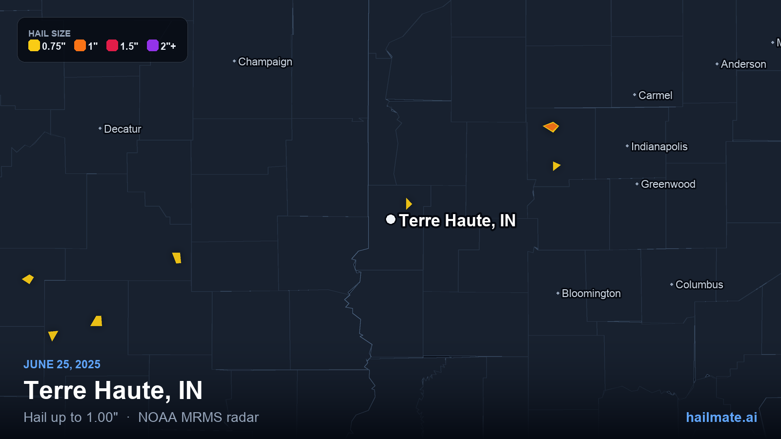 Hail swath map for Terre Haute, IN on June 25, 2025 showing 1.00 inch hail.