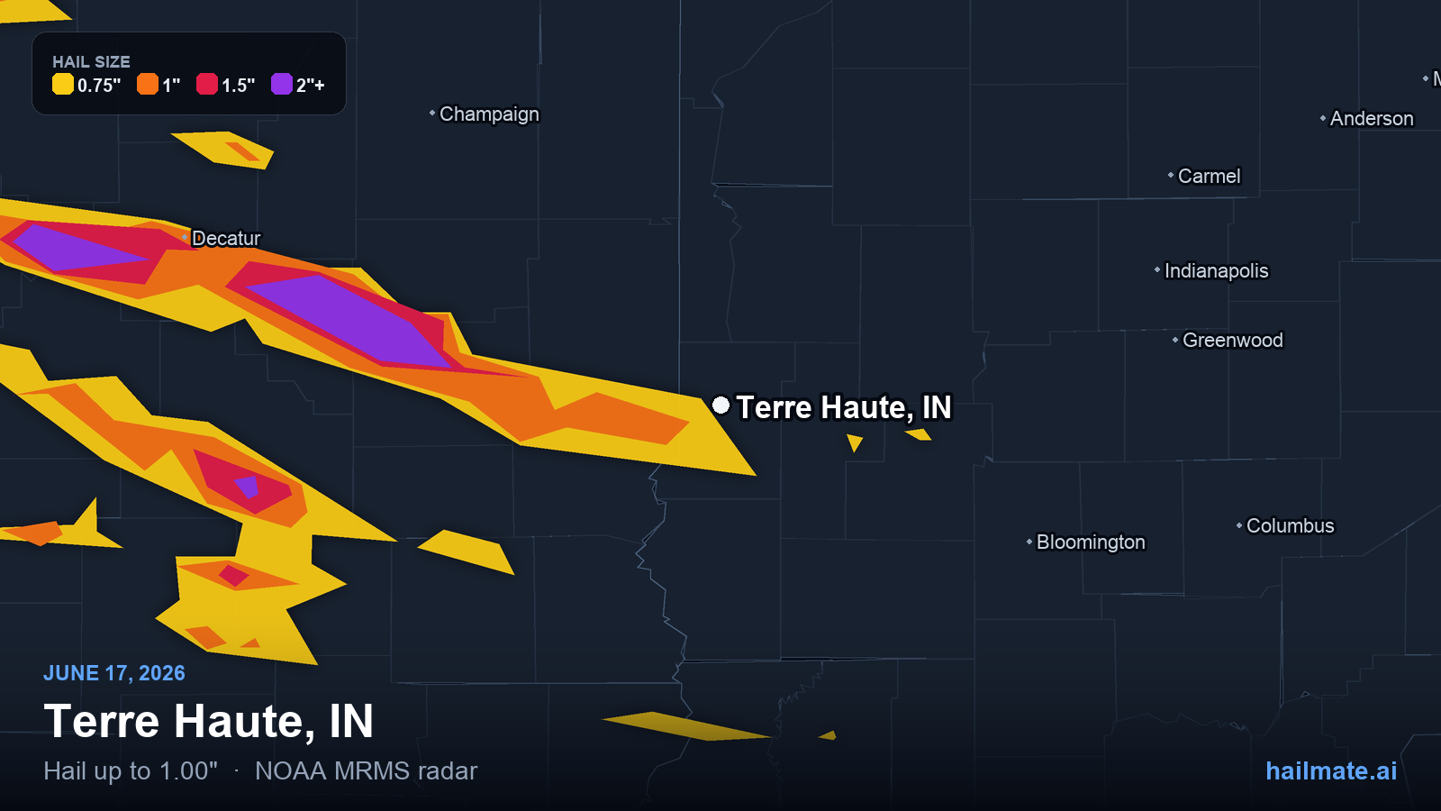 Hail swath map for Terre Haute, IN on June 17, 2026 showing 1.00 inch hail.