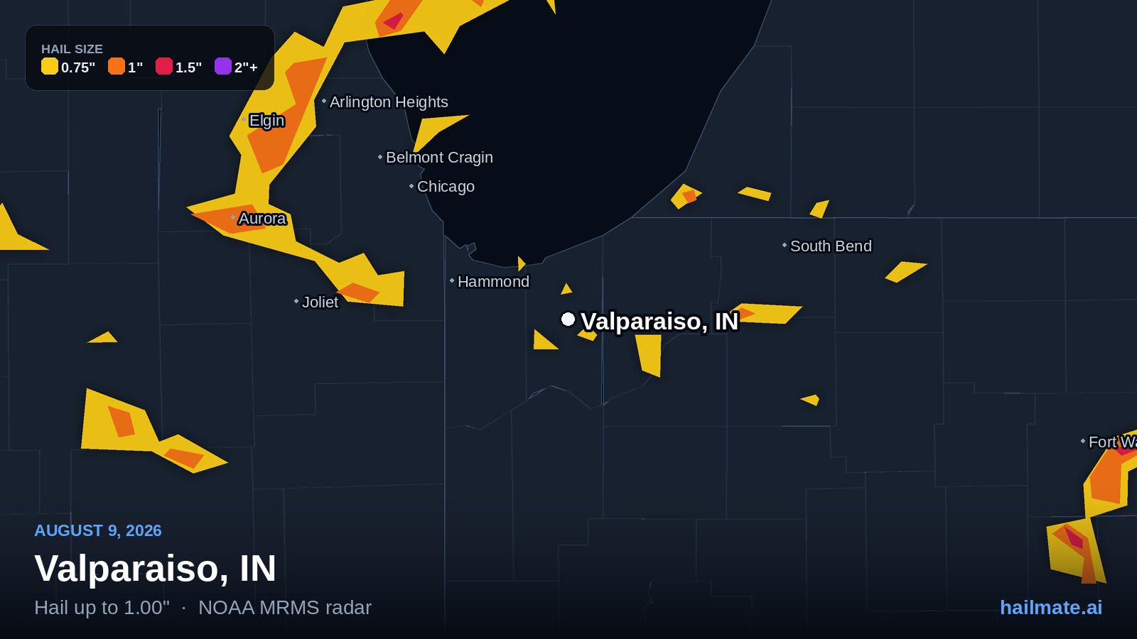 Hail swath map for Valparaiso, IN on August 9, 2026 showing 1.00 inch hail.