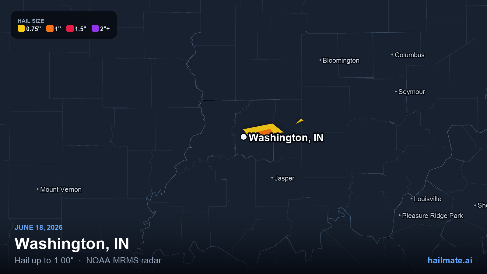 Hail swath map for Washington, IN on June 18, 2026 showing 1.00 inch hail.