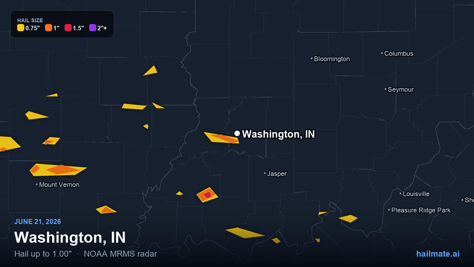 Hail swath map for Washington, IN on June 21, 2026 showing 1.00 inch hail.