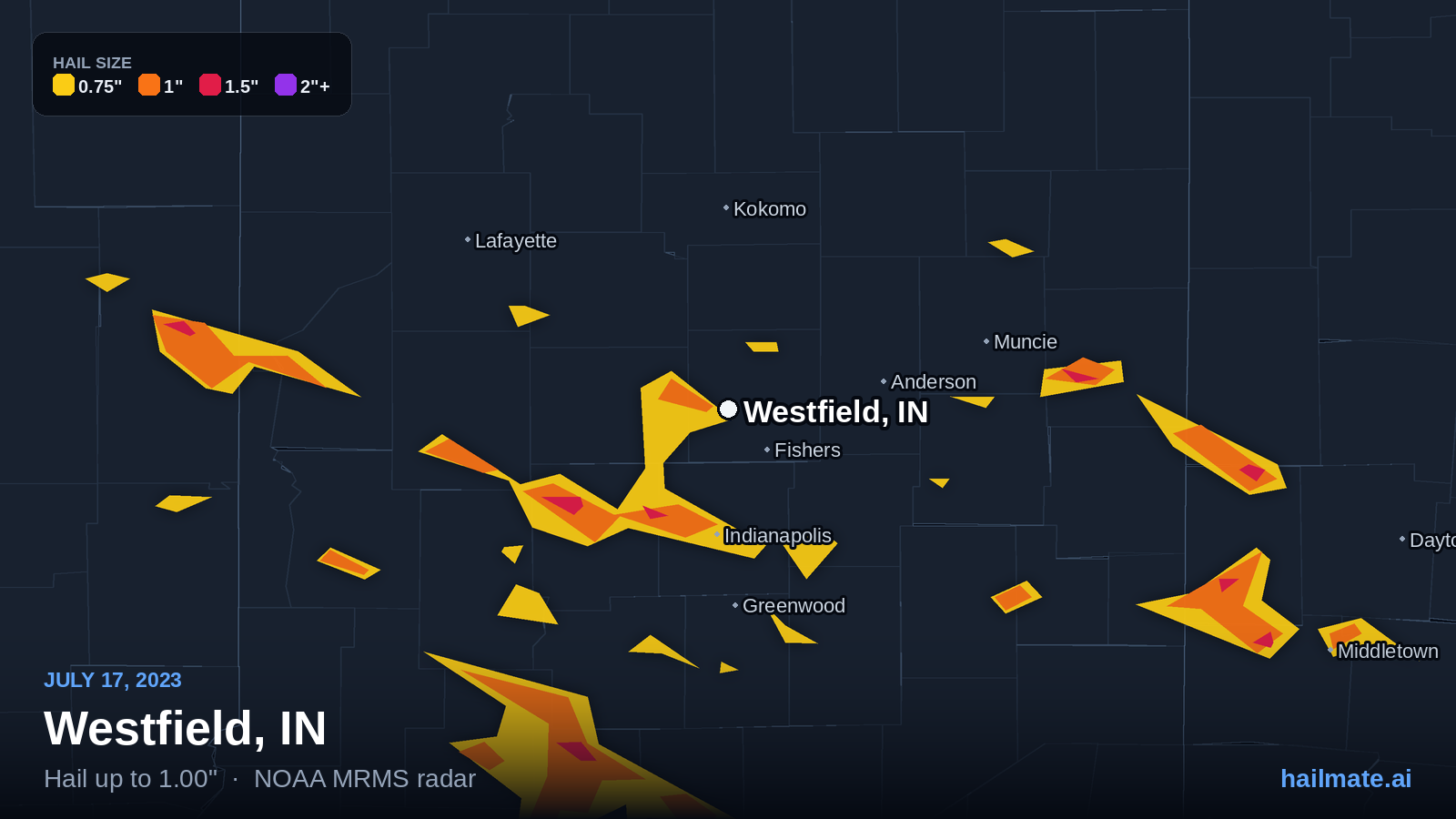Hail swath map for Westfield, IN on July 17, 2023 showing 1.00 inch hail.