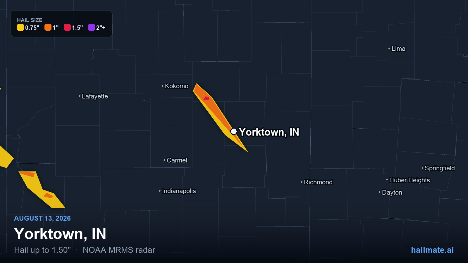 Hail swath map for Yorktown, IN on August 13, 2026 showing 1.50 inch hail.