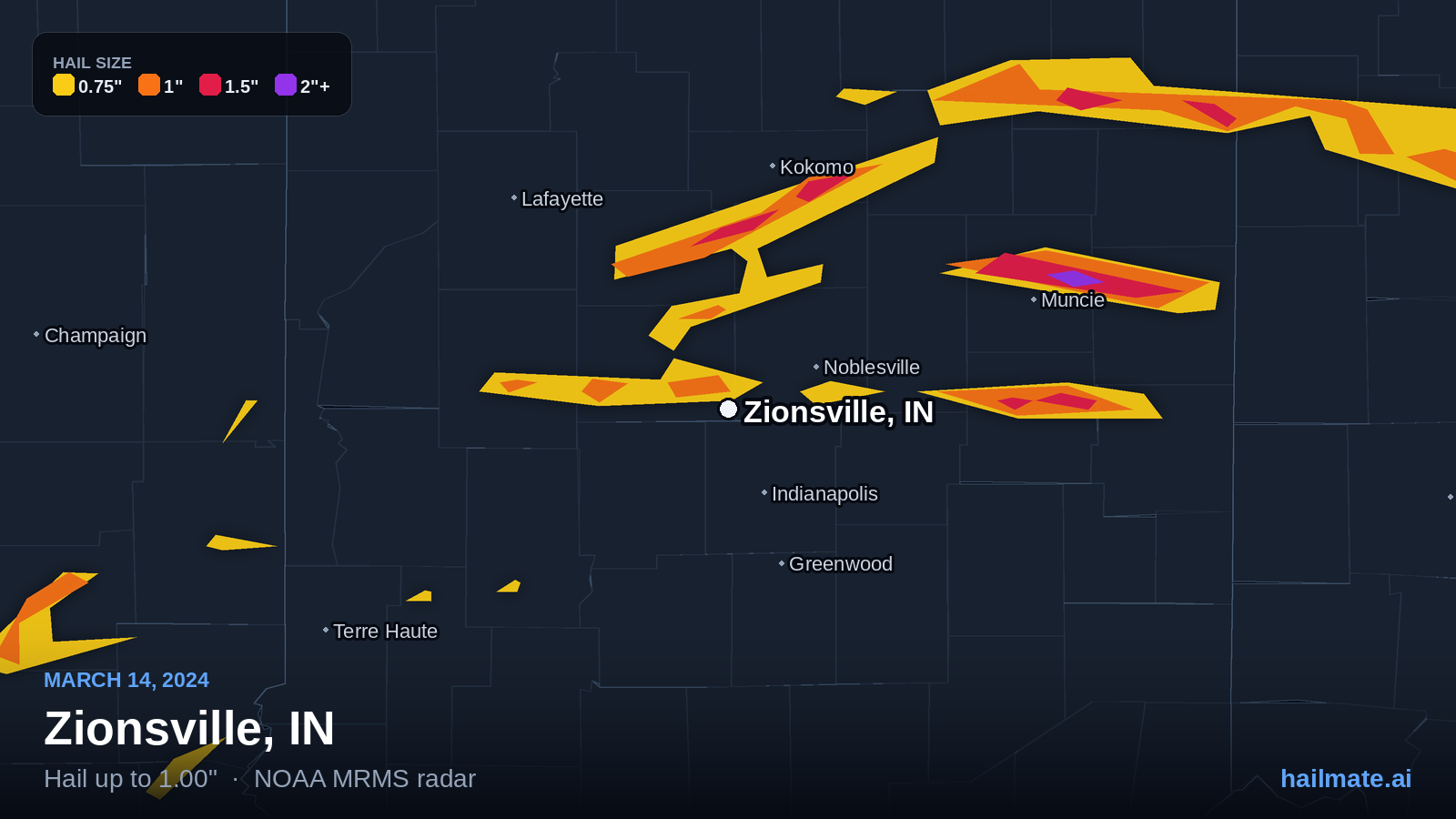 Hail swath map for Zionsville, IN on March 14, 2024 showing 1.00 inch hail.