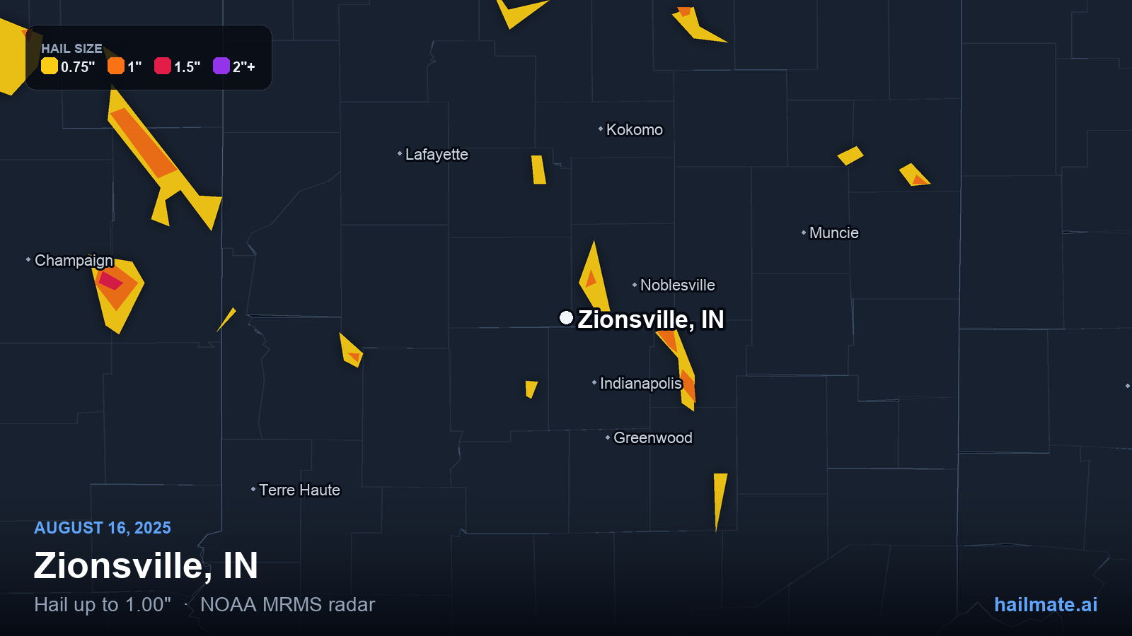 Hail swath map for Zionsville, IN on August 16, 2025 showing 1.00 inch hail.