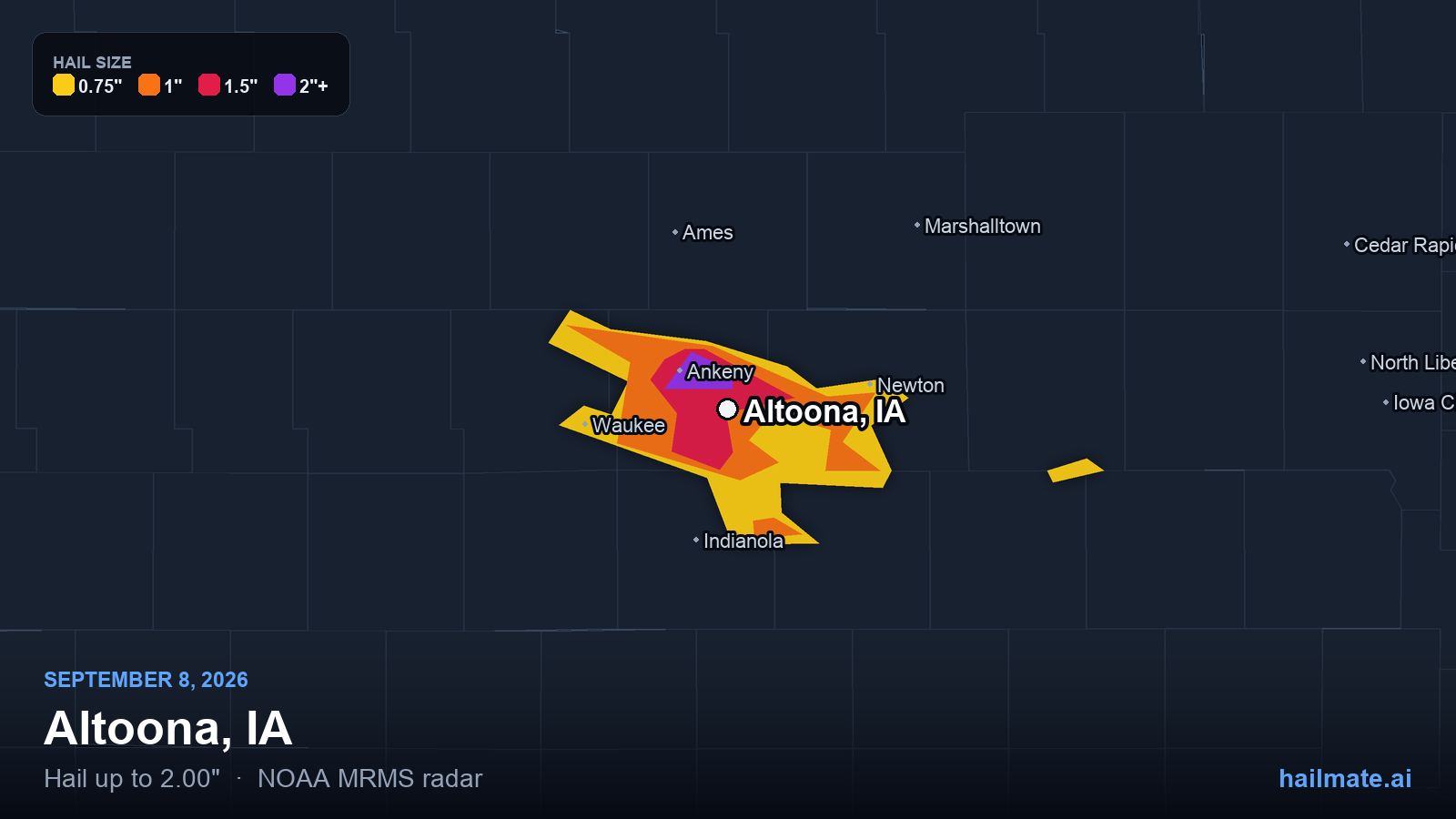 Hail swath map for Altoona, IA on September 8, 2026 showing 2.00 inch hail.