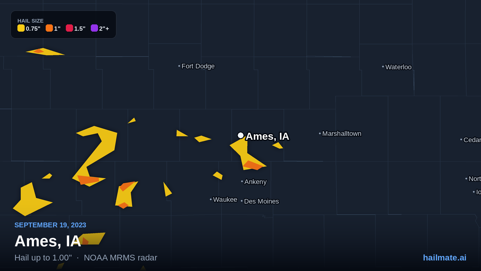 Hail swath map for Ames, IA on September 19, 2023 showing 1.00 inch hail.