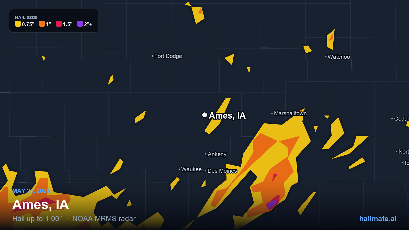 Hail swath map for Ames, IA on May 21, 2024 showing 1.00 inch hail.