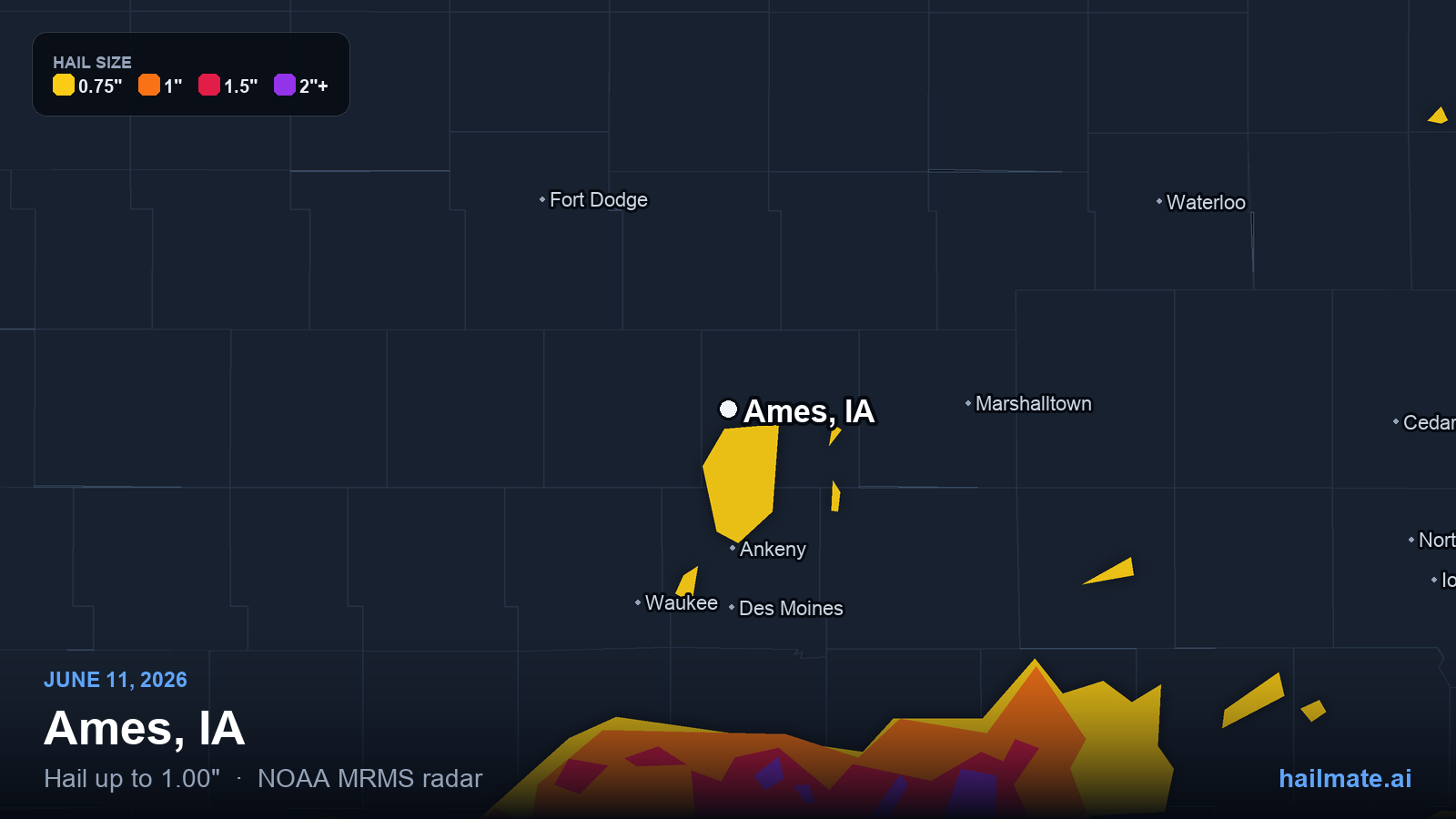 Hail swath map for Ames, IA on June 11, 2026 showing 1.00 inch hail.