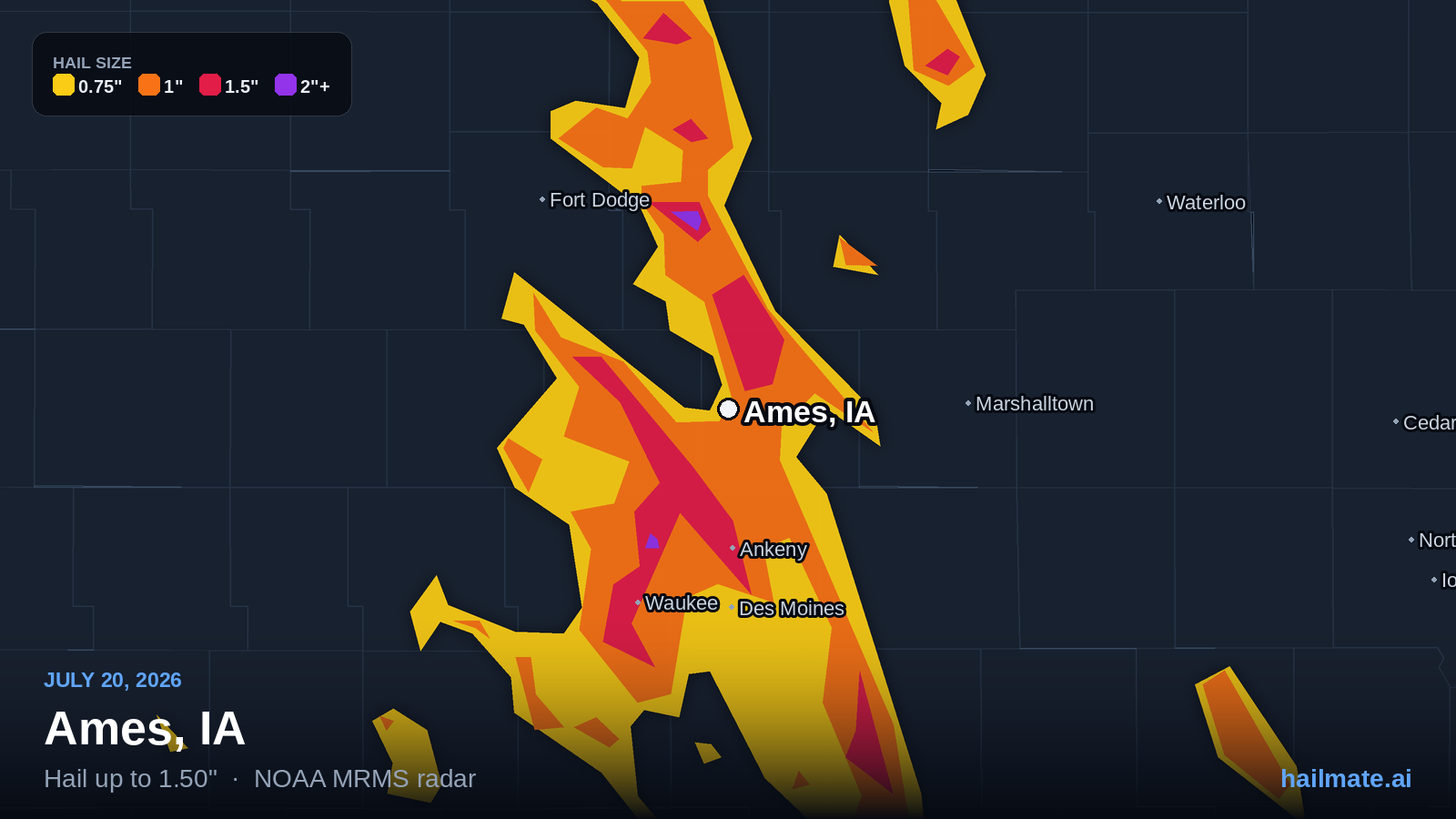Hail swath map for Ames, IA on July 20, 2026 showing 1.50 inch hail.