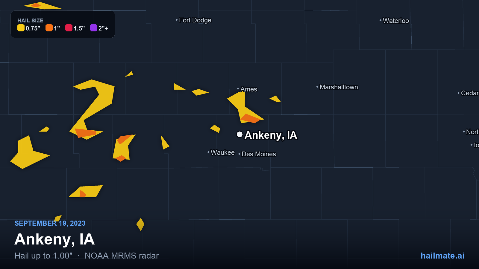 Hail swath map for Ankeny, IA on September 19, 2023 showing 1.00 inch hail.