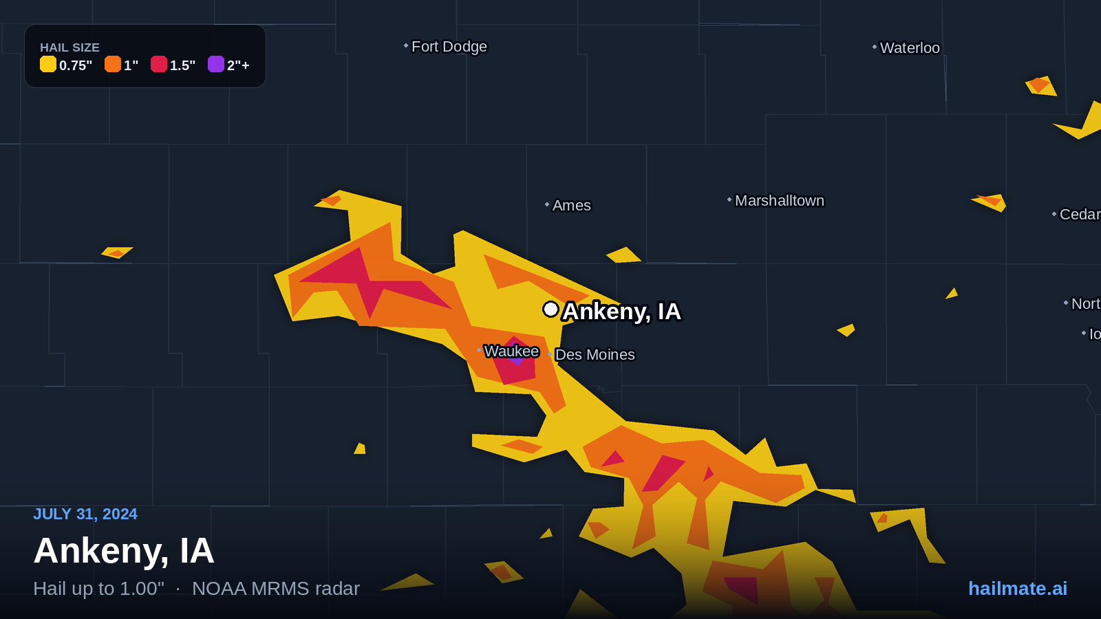 Hail swath map for Ankeny, IA on July 31, 2024 showing 1.00 inch hail.