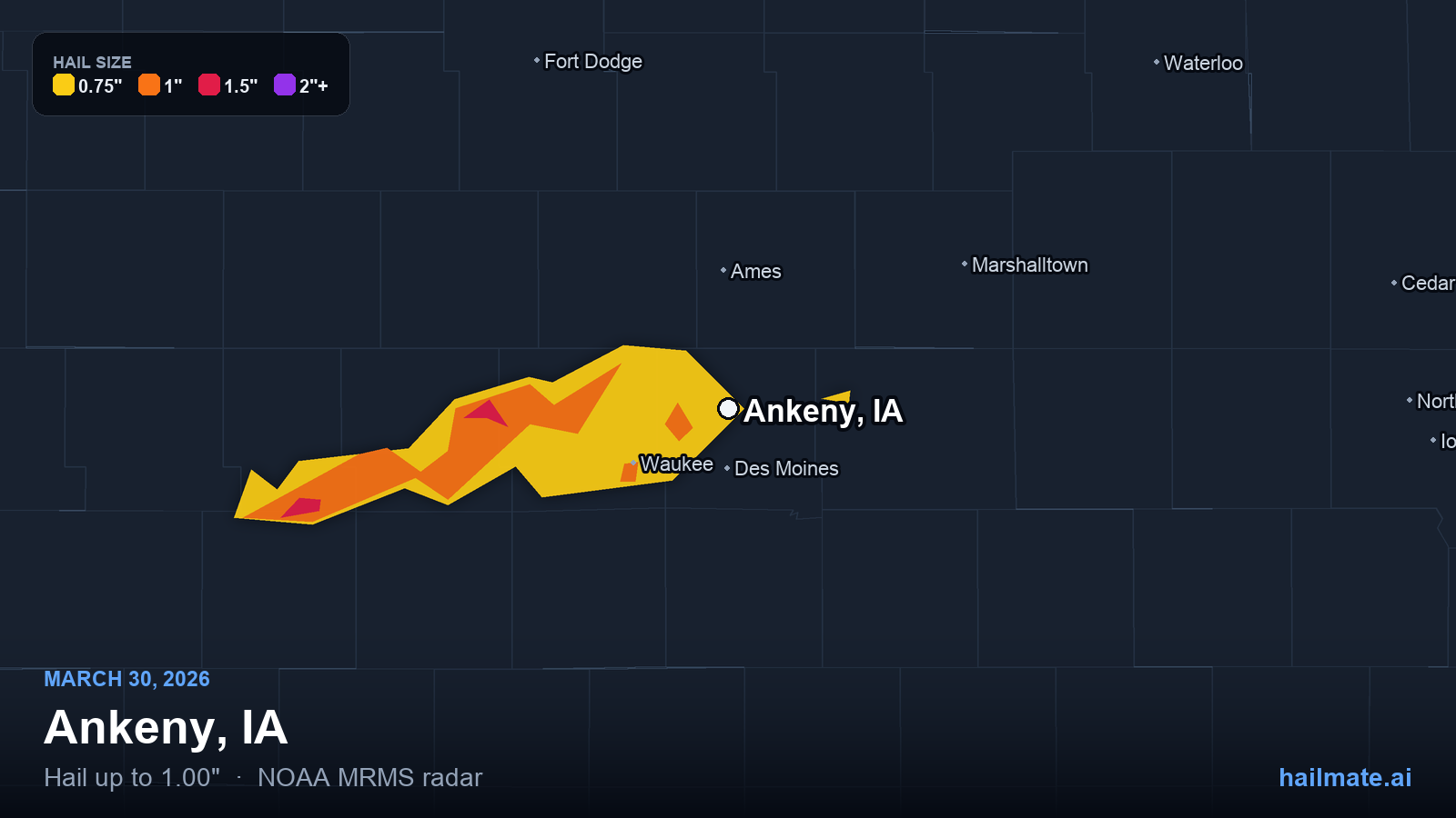 Hail swath map for Ankeny, IA on March 30, 2026 showing 1.00 inch hail.