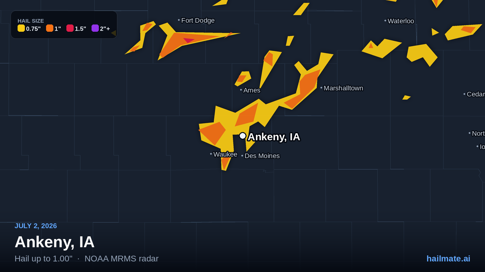 Hail swath map for Ankeny, IA on July 2, 2026 showing 1.00 inch hail.