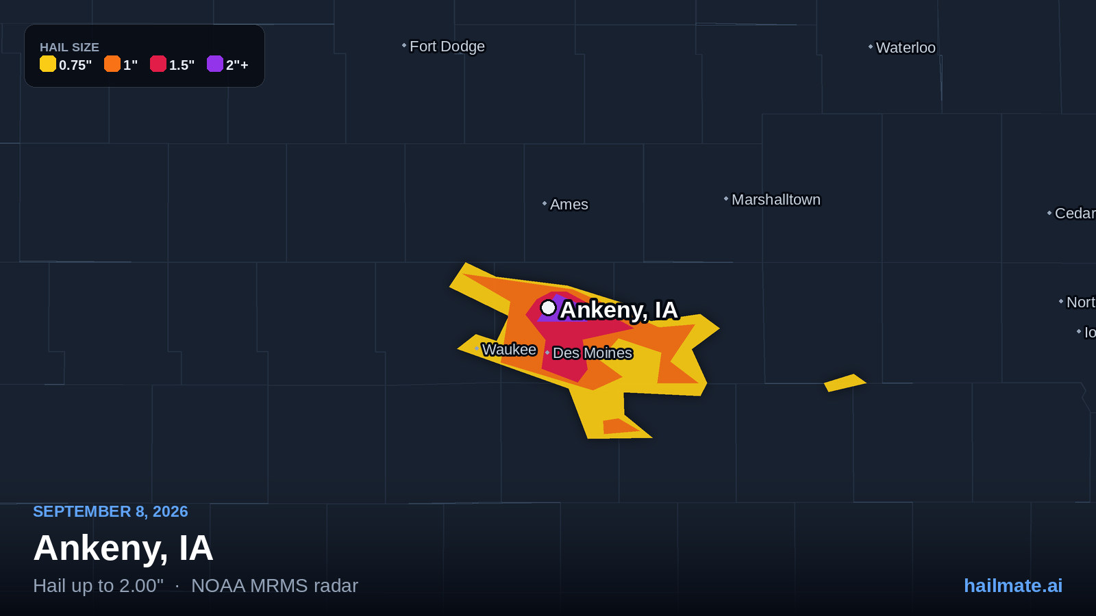 Hail swath map for Ankeny, IA on September 8, 2026 showing 2.00 inch hail.