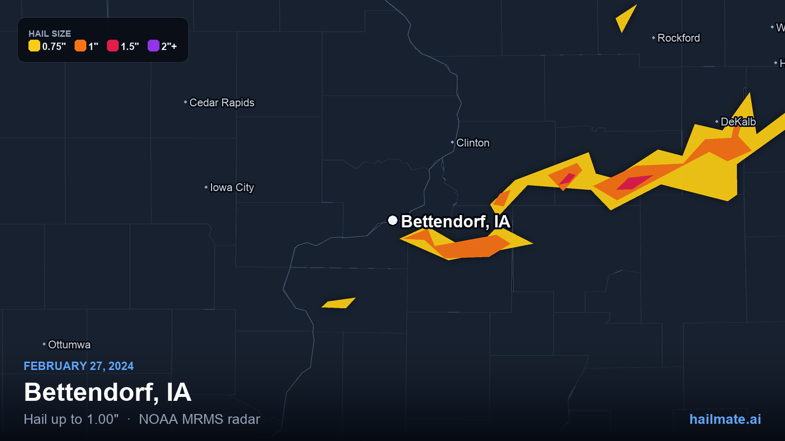 Hail swath map for Bettendorf, IA on February 27, 2024 showing 1.00 inch hail.