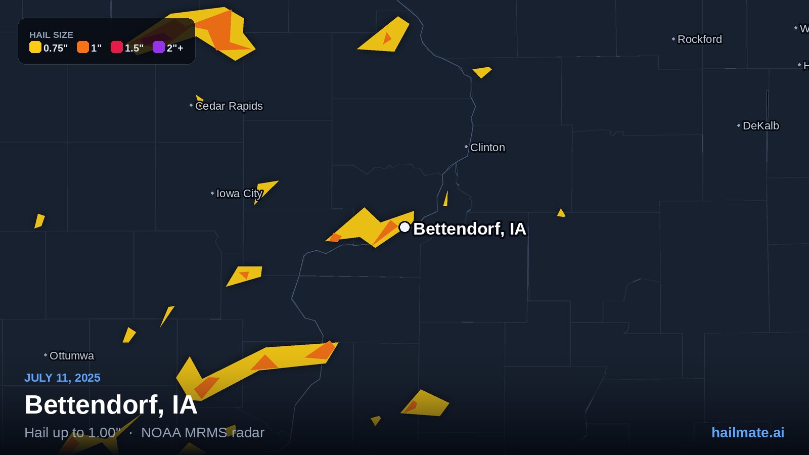 Hail swath map for Bettendorf, IA on July 11, 2025 showing 1.00 inch hail.