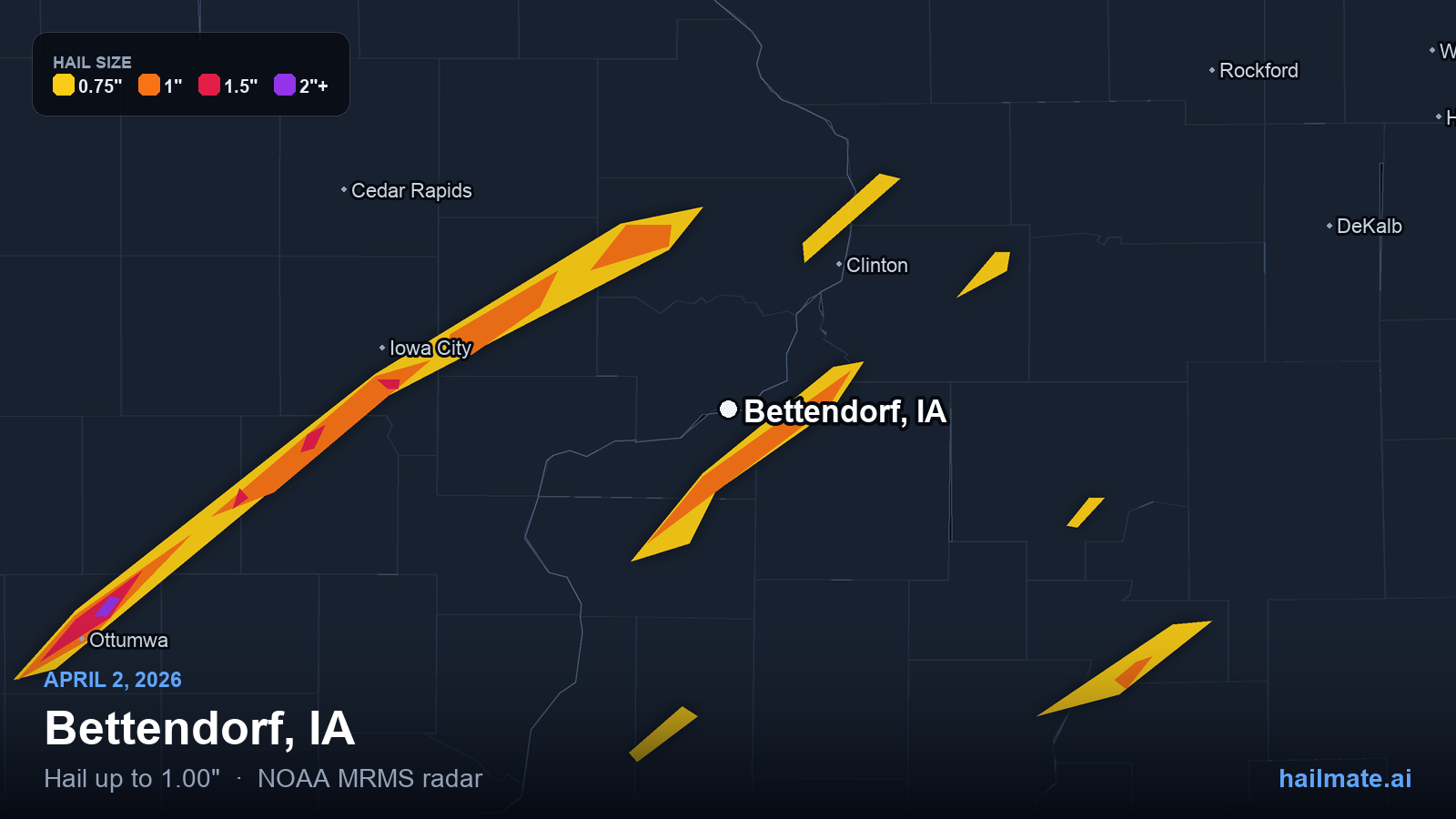 Hail swath map for Bettendorf, IA on April 2, 2026 showing 1.00 inch hail.