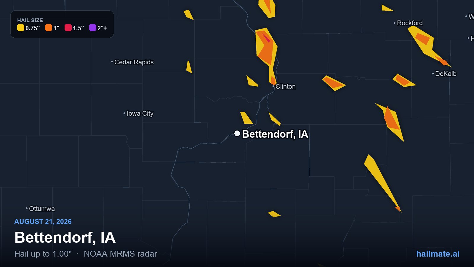 Hail swath map for Bettendorf, IA on August 21, 2026 showing 1.00 inch hail.