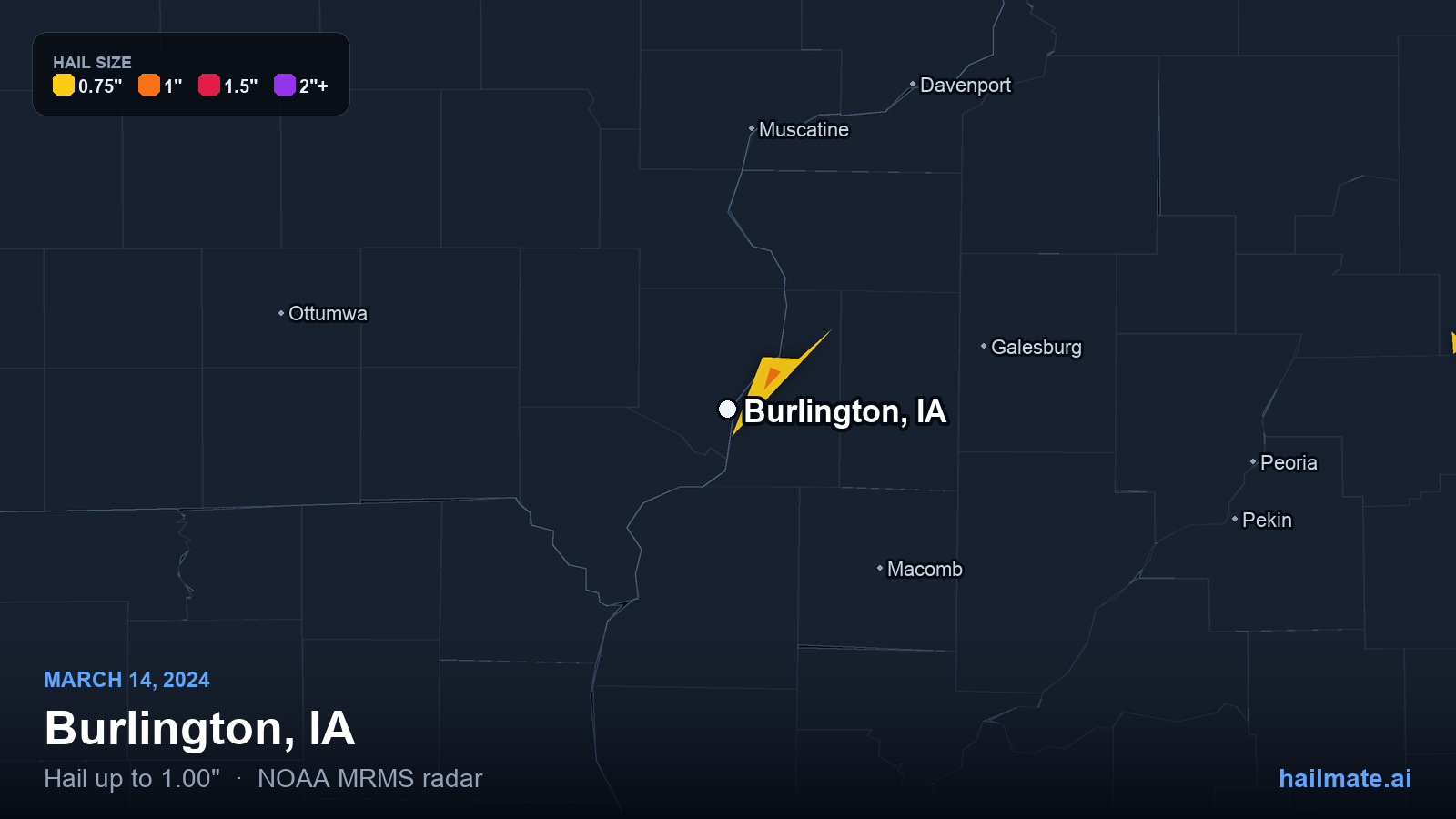Hail swath map for Burlington, IA on March 14, 2024 showing 1.00 inch hail.
